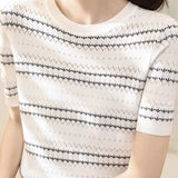 Casual Wavy Stripe Jacquard Hollow Knit Top - liwisi