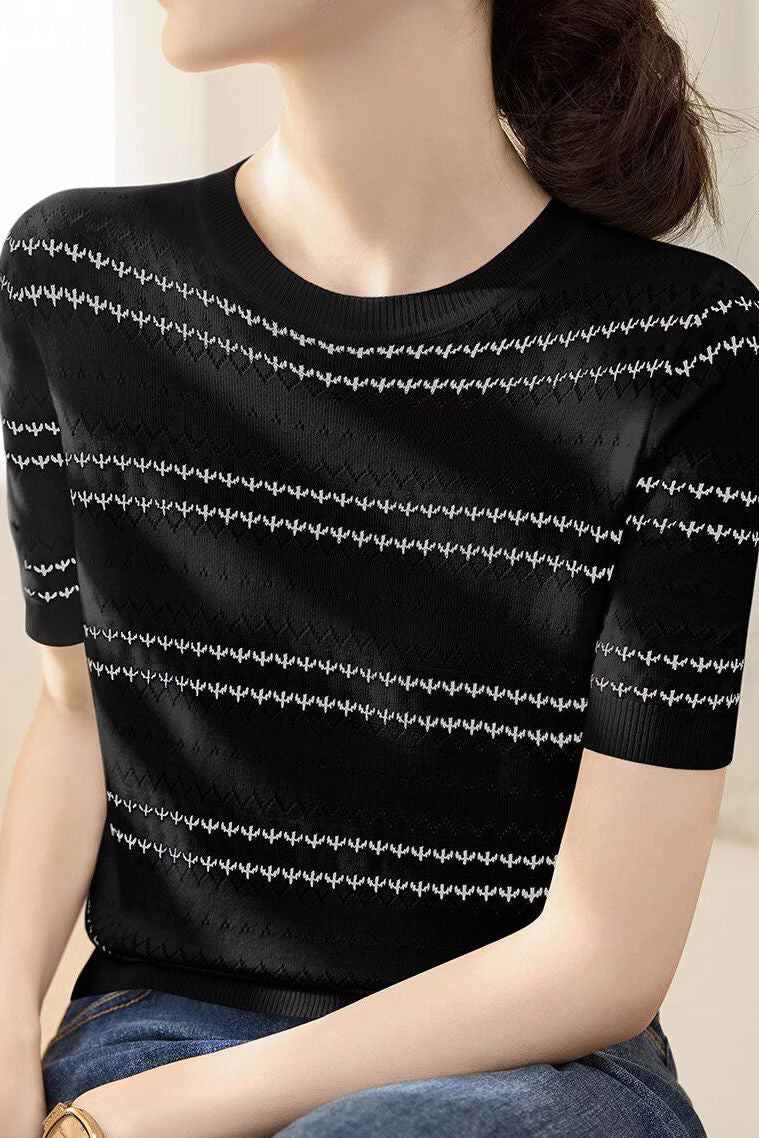 Casual Wavy Stripe Jacquard Hollow Knit Top - liwisi
