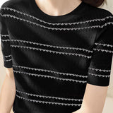 Casual Wavy Stripe Jacquard Hollow Knit Top - liwisi