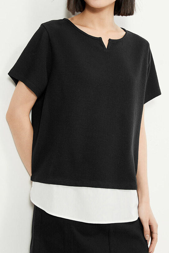 Casual Fake Two-Piece V-Neck Waffle T-Shirt - liwisi