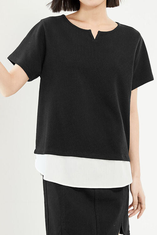 Casual Fake Two-Piece V-Neck Waffle T-Shirt - liwisi