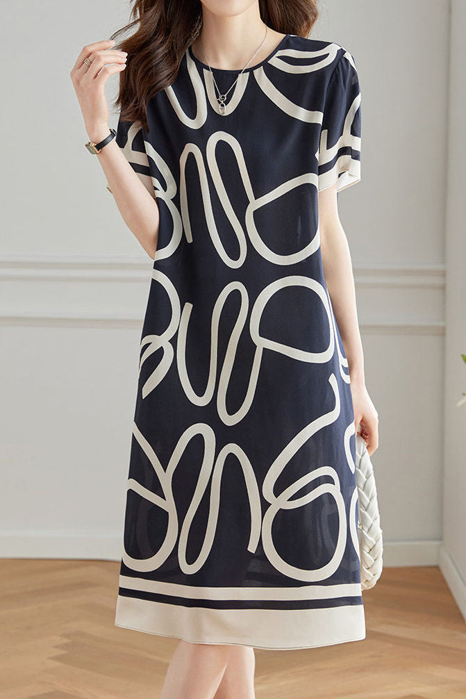 Silk Geometric Print Mulberry Silk Dress - liwisi
