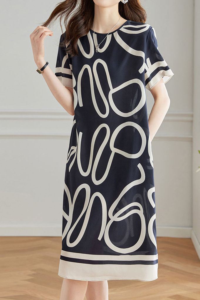 Silk Geometric Print Mulberry Silk Dress - liwisi
