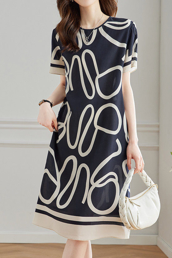 Silk Geometric Print Mulberry Silk Dress - liwisi