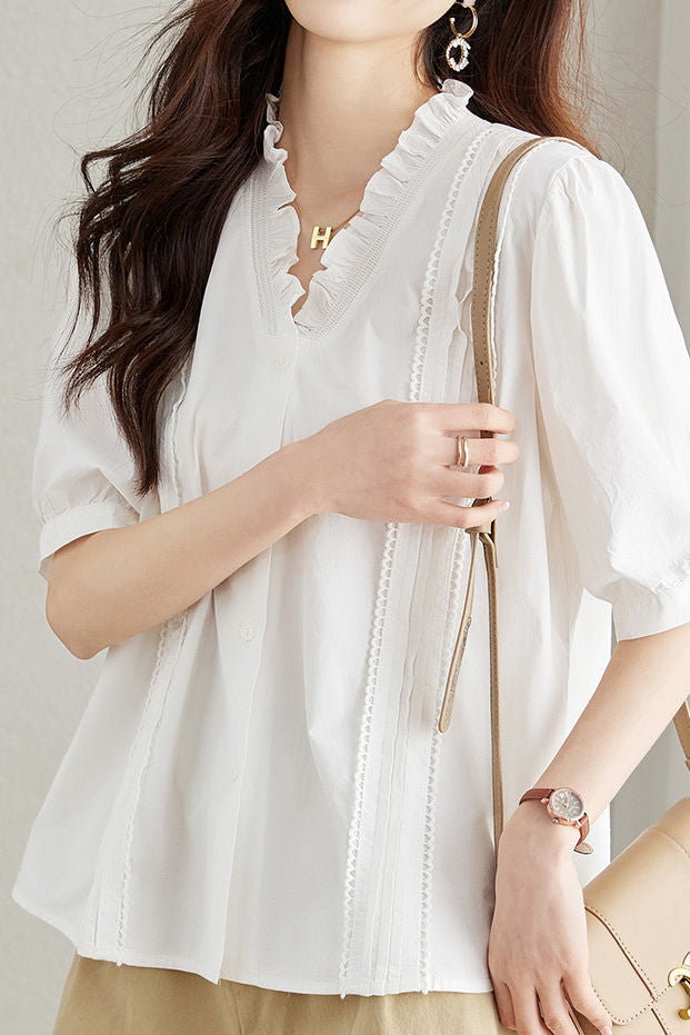 Casual Ruffle V-Neck Short Sleeve Shirt - liwisi