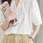 Casual Ruffle V-Neck Short Sleeve Shirt - liwisi