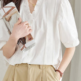 Casual Ruffle V-Neck Short Sleeve Shirt - liwisi