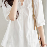Casual Ruffle V-Neck Short Sleeve Shirt - liwisi
