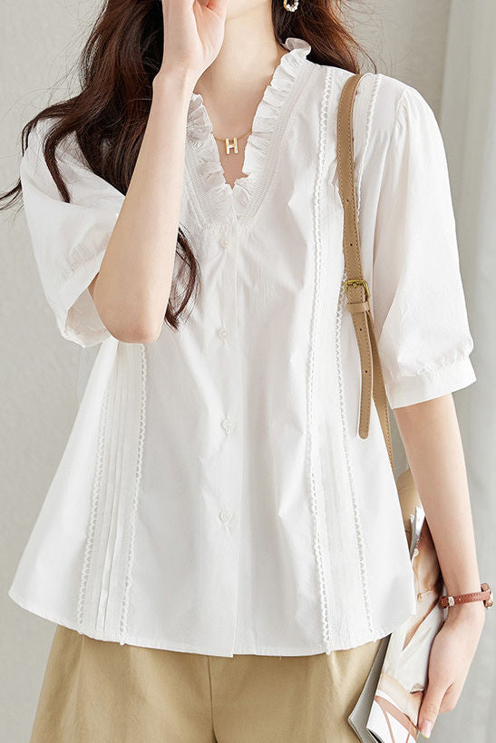 Casual Ruffle V-Neck Short Sleeve Shirt - liwisi