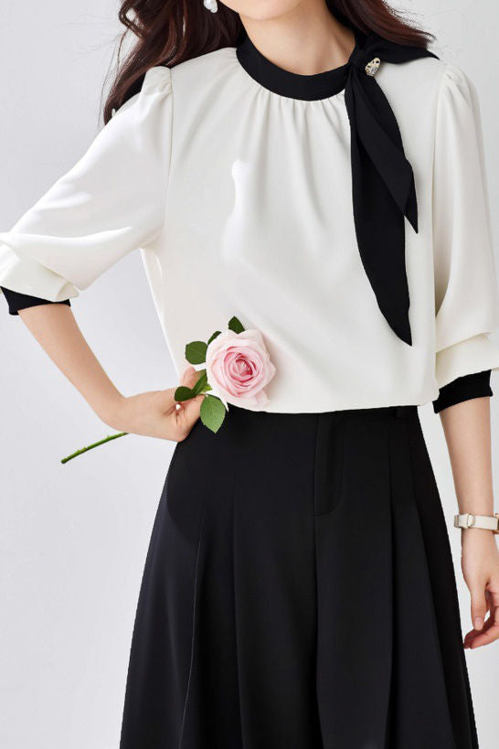 Commute Tie Button Pleated Color Block Shirt - liwisi