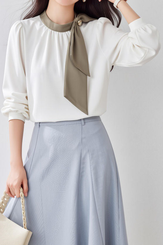 Commute Tie Button Pleated Color Block Shirt - liwisi