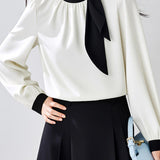 Commute Tie Button Pleated Color Block Shirt - liwisi