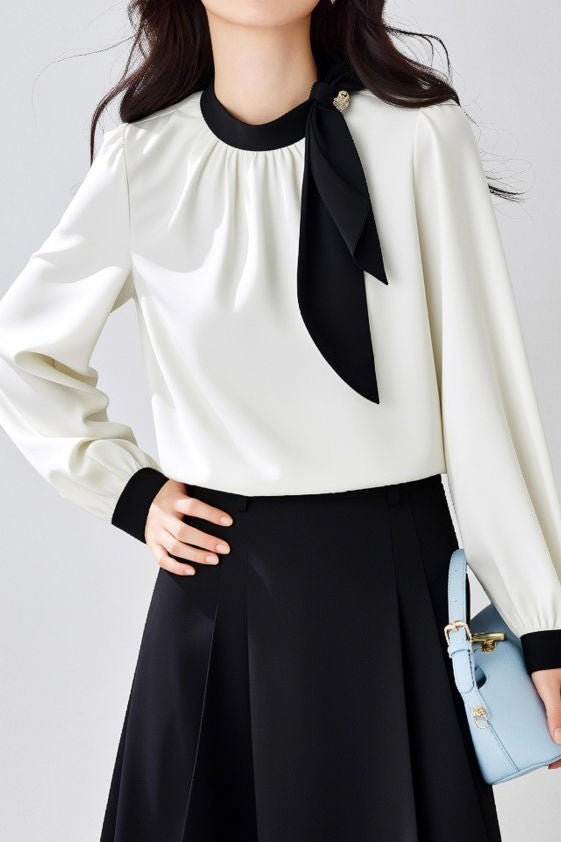 Commute Tie Button Pleated Color Block Shirt - liwisi