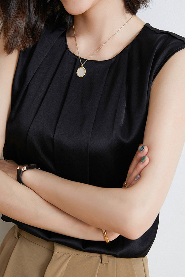 Commute Pleated Satin Sleeveless Shirt - liwisi