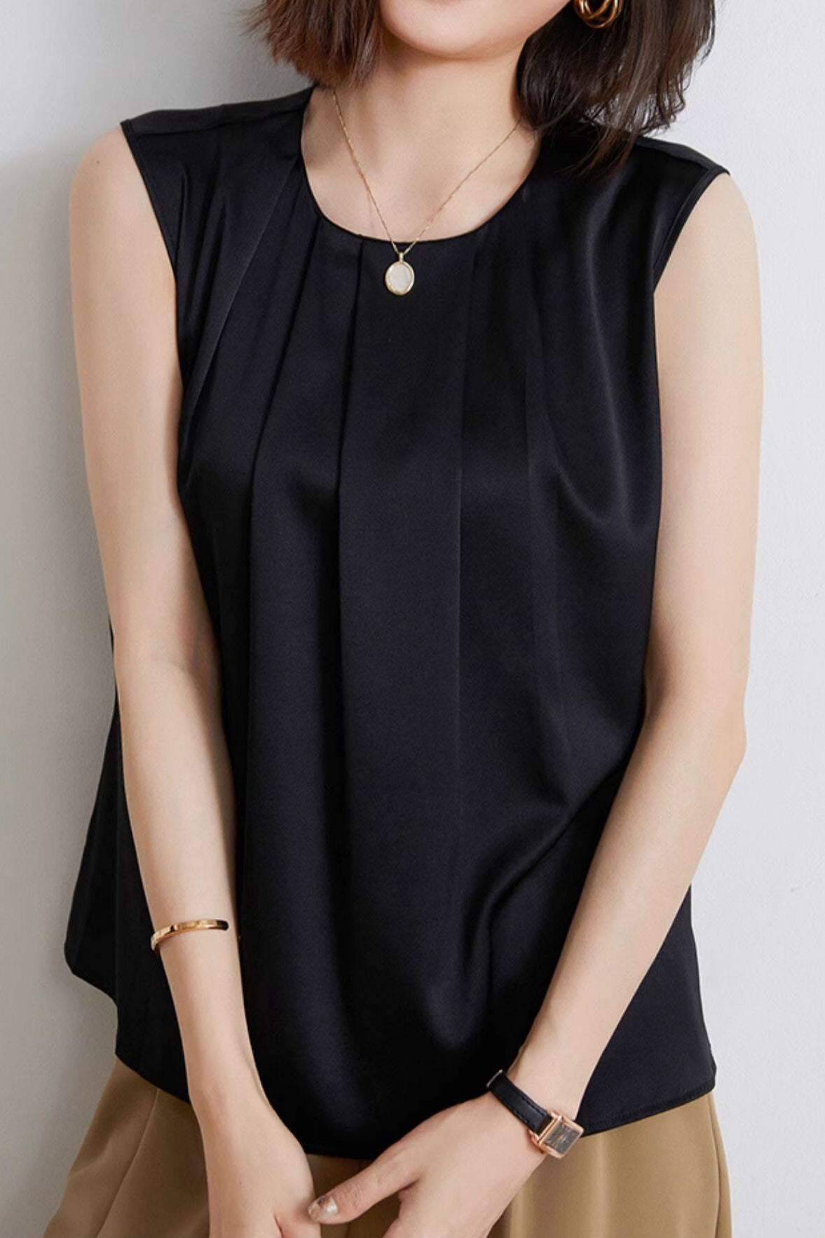 Commute Pleated Satin Sleeveless Shirt - liwisi