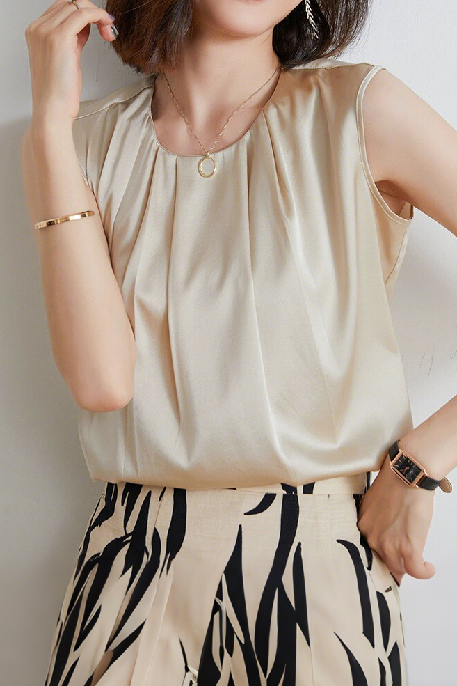 Commute Pleated Satin Sleeveless Shirt - liwisi
