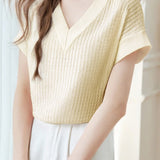 Casual Wavy Texture V-Neck Knit Top - liwisi