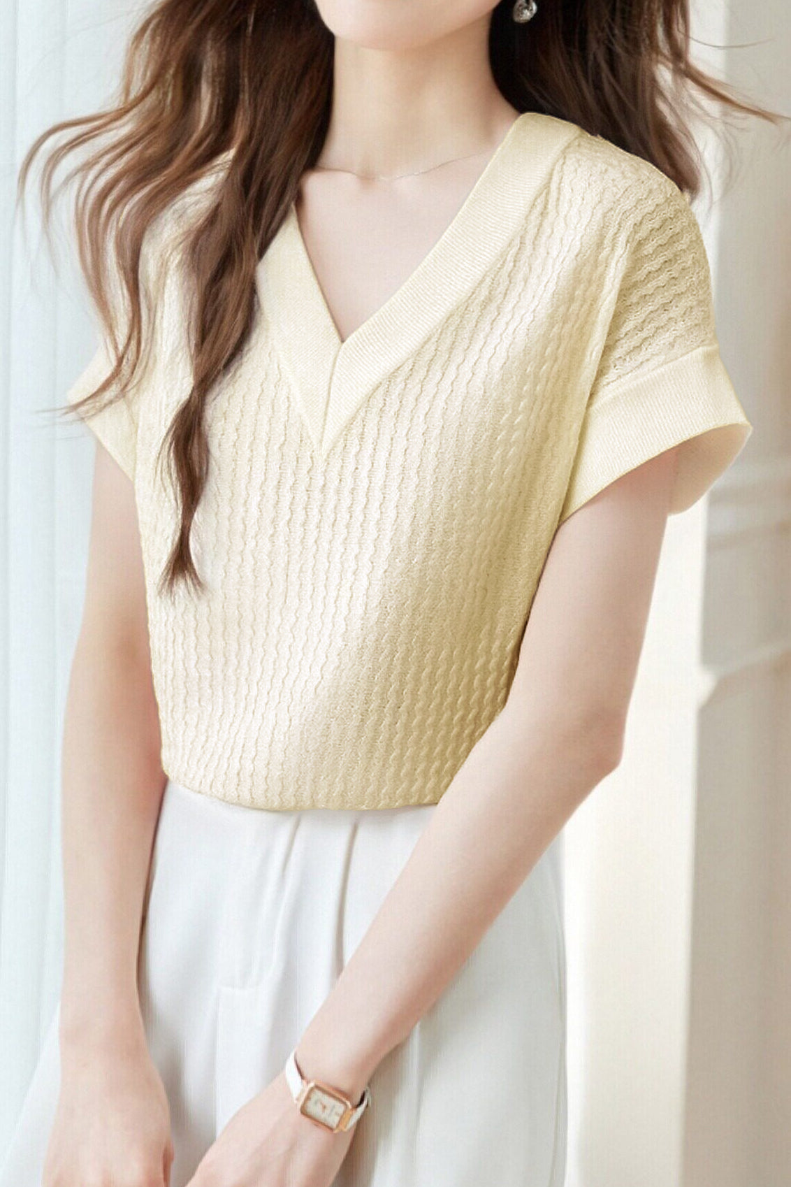 Casual Wavy Texture V-Neck Knit Top - liwisi