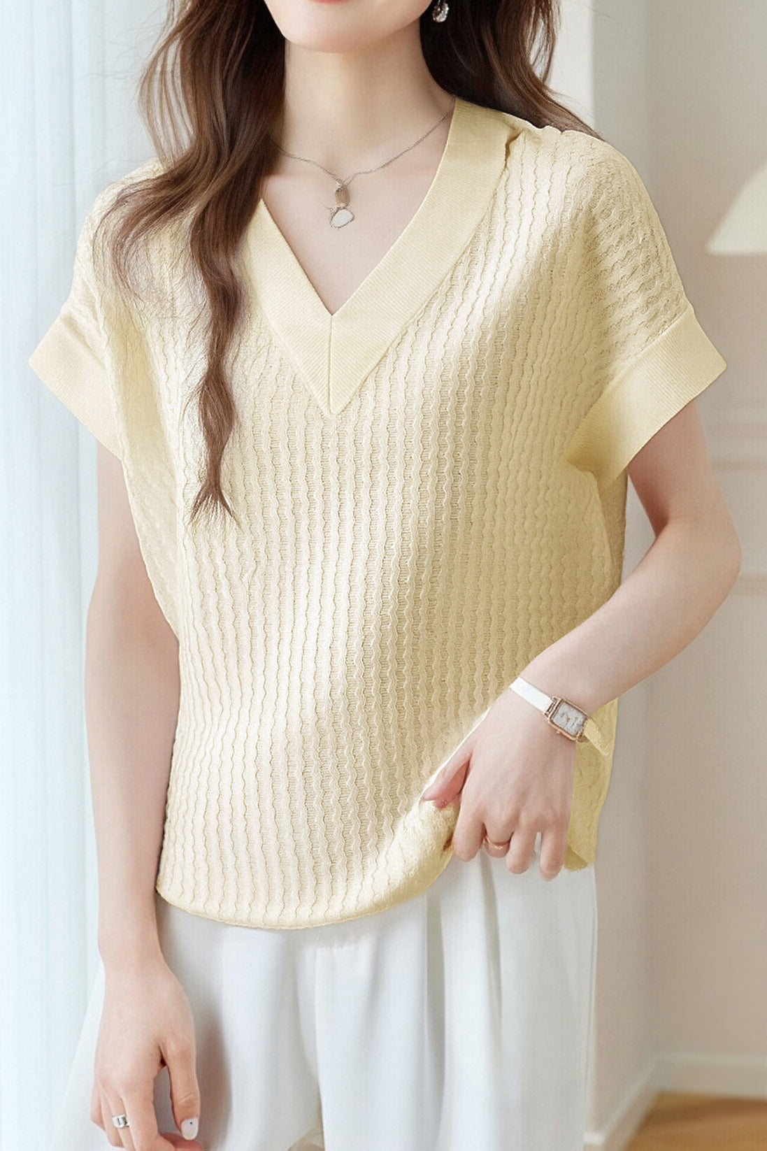 Casual Wavy Texture V-Neck Knit Top - liwisi