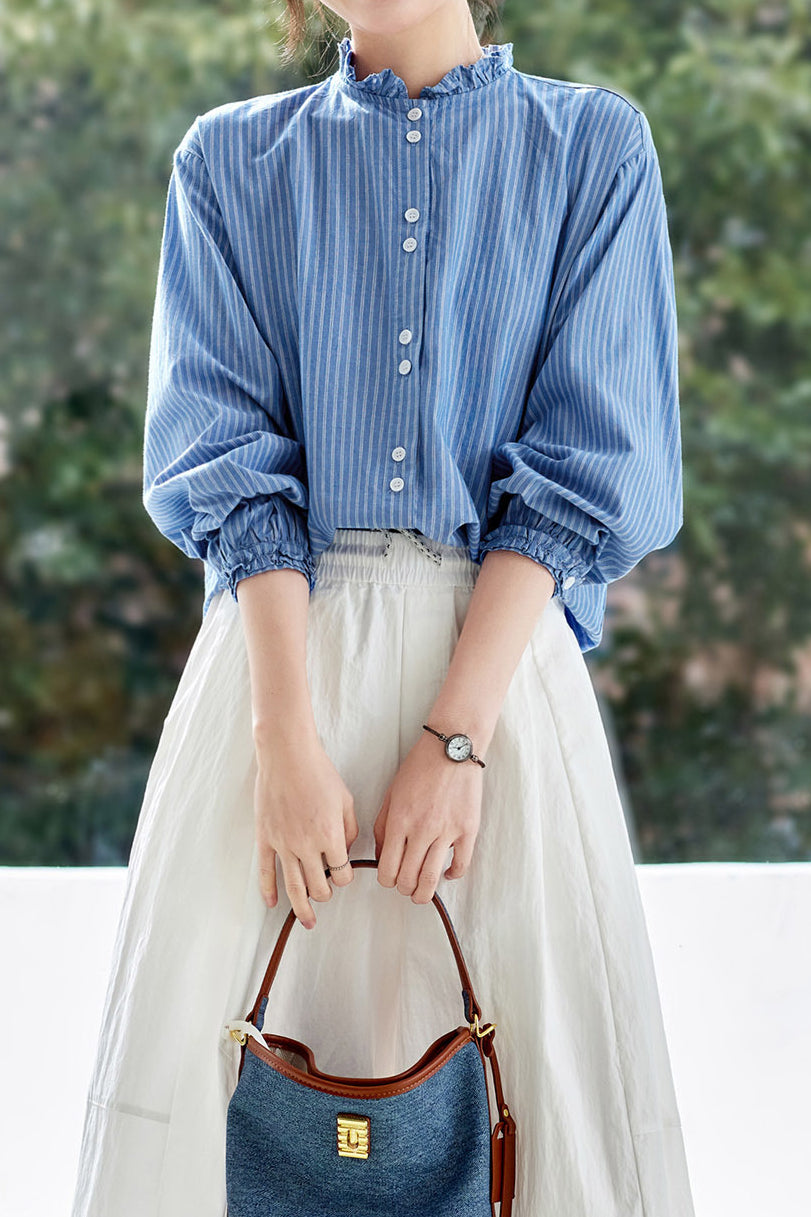 Casual Ruffle Collar Striped Shirt - liwisi