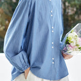 Casual Ruffle Collar Striped Shirt - liwisi