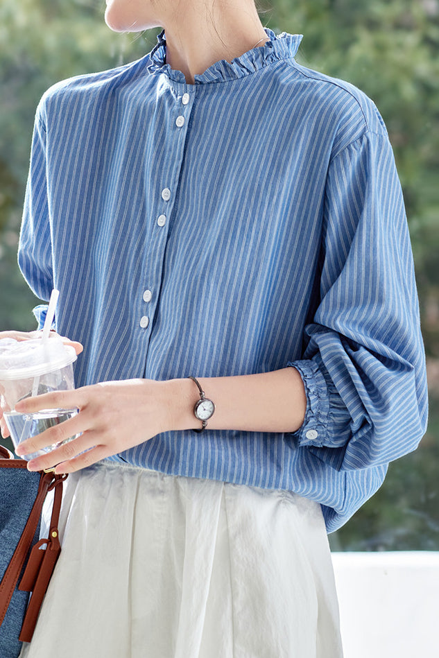 Casual Ruffle Collar Striped Shirt - liwisi