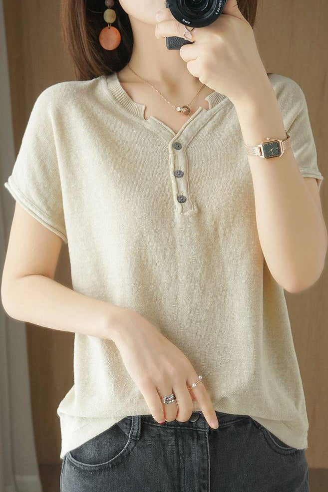 Casual Half-Placket Button V-Neck Knitted Top - liwisi