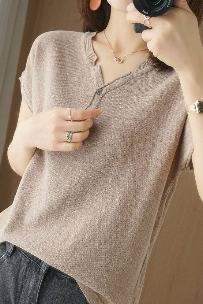 Casual Half-Placket Button V-Neck Knitted Top - liwisi