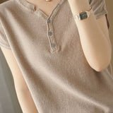 Casual Half-Placket Button V-Neck Knitted Top - liwisi