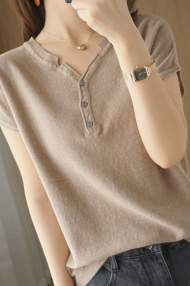 Casual Half-Placket Button V-Neck Knitted Top - liwisi