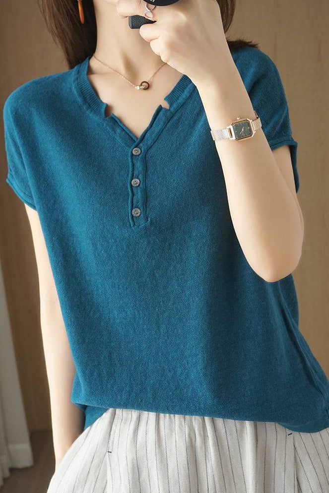 Casual Half-Placket Button V-Neck Knitted Top - liwisi