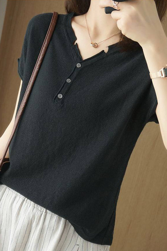 Casual Half-Placket Button V-Neck Knitted Top - liwisi