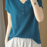 Casual Half-Placket Button V-Neck Knitted Top - liwisi