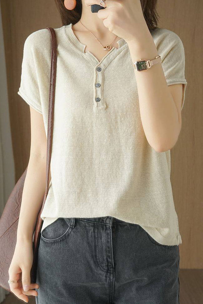 Casual Half-Placket Button V-Neck Knitted Top - liwisi