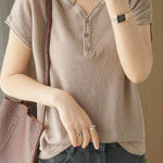 Casual Half-Placket Button V-Neck Knitted Top - liwisi