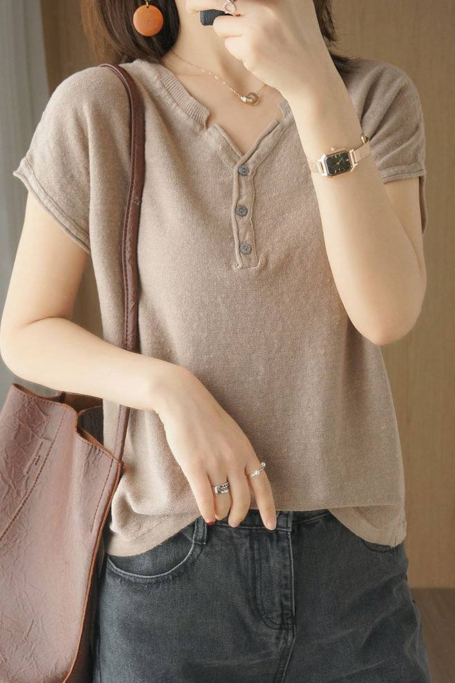 Casual Half-Placket Button V-Neck Knitted Top - liwisi