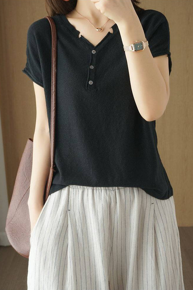 Casual Half-Placket Button V-Neck Knitted Top - liwisi