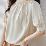 Casual Patchwork Bow Tie Satin Shirt - liwisi