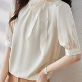Casual Patchwork Bow Tie Satin Shirt - liwisi