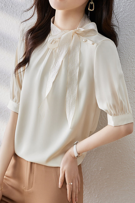 Casual Patchwork Bow Tie Satin Shirt - liwisi