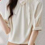 Casual Patchwork Bow Tie Satin Shirt - liwisi