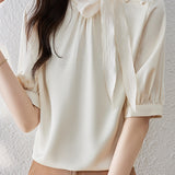 Casual Patchwork Bow Tie Satin Shirt - liwisi
