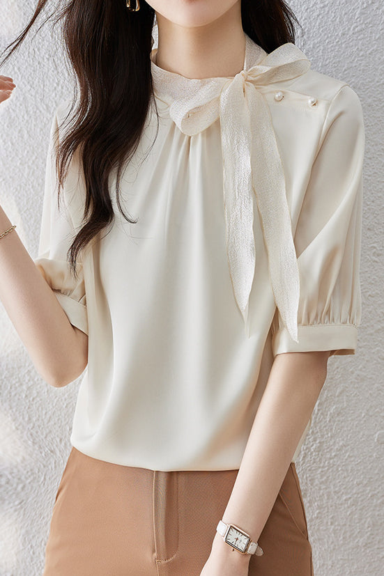 Casual Patchwork Bow Tie Satin Shirt - liwisi