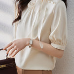 Casual Patchwork Bow Tie Satin Shirt - liwisi