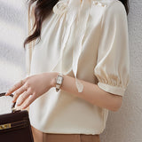 Casual Patchwork Bow Tie Satin Shirt - liwisi