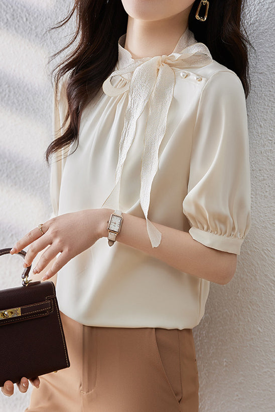 Casual Patchwork Bow Tie Satin Shirt - liwisi