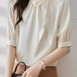 Casual Patchwork Bow Tie Satin Shirt - liwisi