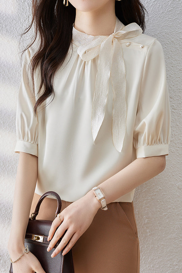 Casual Patchwork Bow Tie Satin Shirt - liwisi