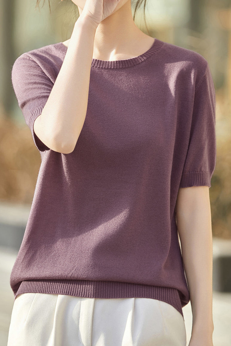 Casual Minimalist Solid Color Short Sleeve Knitted Top - liwisi