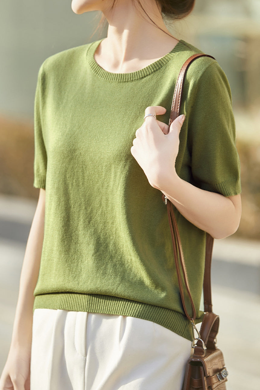 Casual Minimalist Solid Color Short Sleeve Knitted Top - liwisi